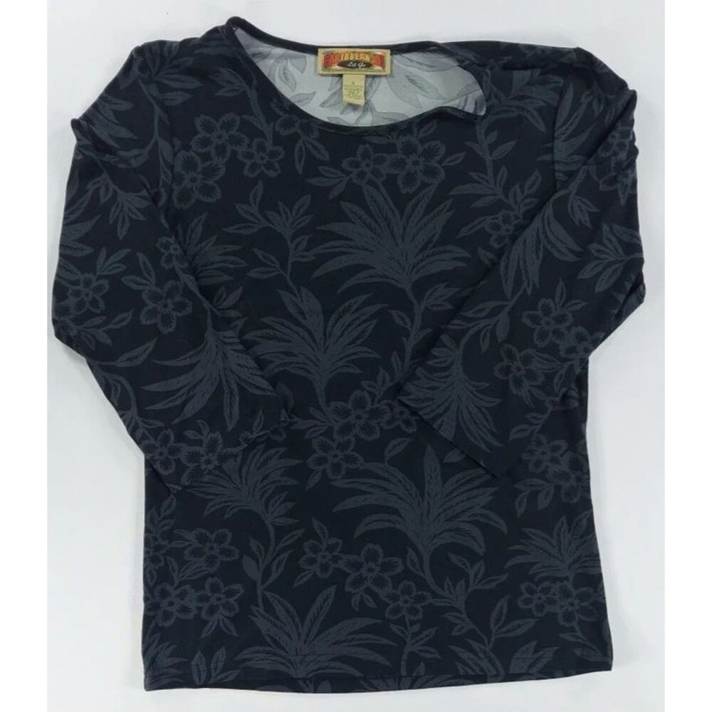 Caribbean Joe Women's Small 3/4 Sleeve Black Floral Hawaiian Shirt , Soft